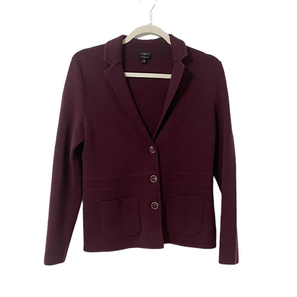 🟢Talbots Maroon Plumb Merino Wool Collard Cardigan Size SP